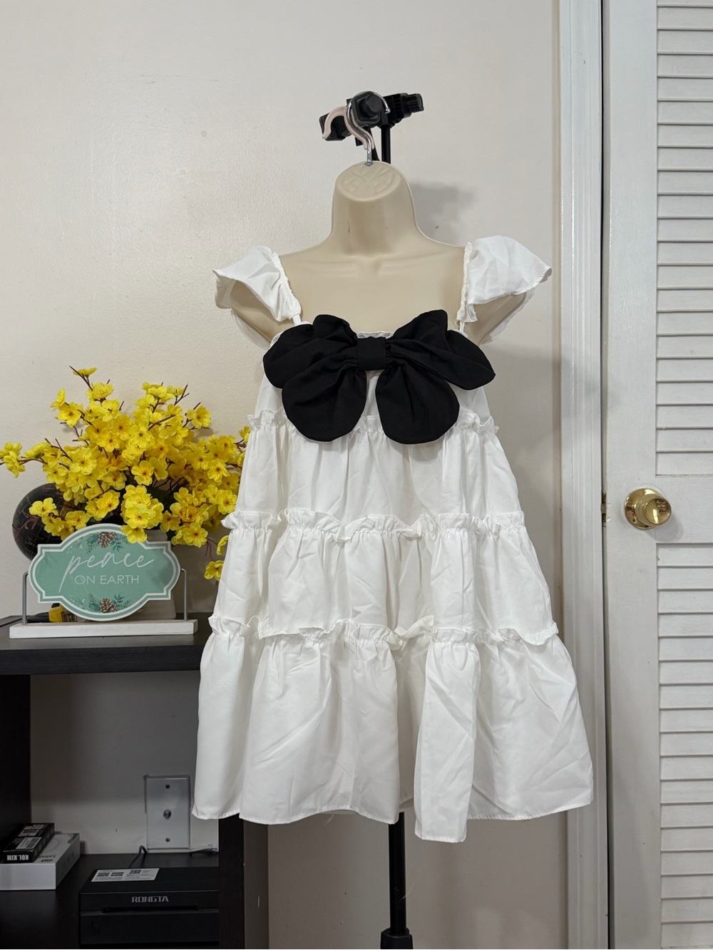 White Tiered Kids Dress with Black Bow
